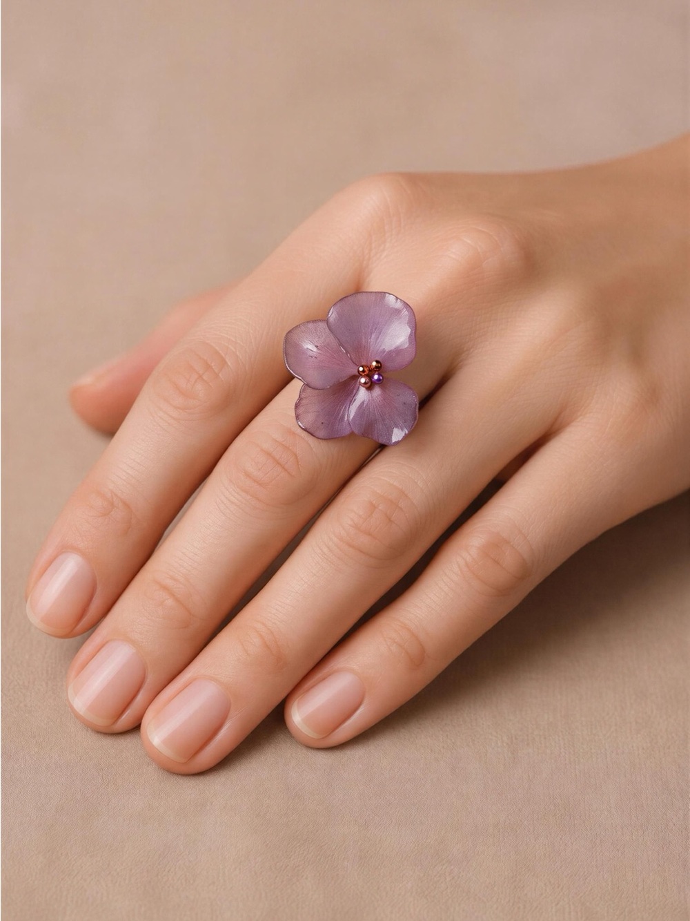 Purple Flower Hortencia’s real flower with a lady bugs Statement Ring